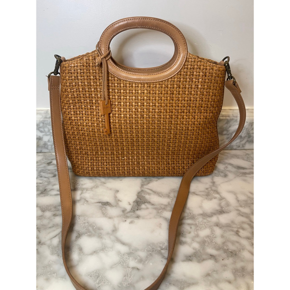 Fossil Tan Woven Straw Rattan Crossbody Tote Bag Leather Handles Boho - Picture 1 of 11